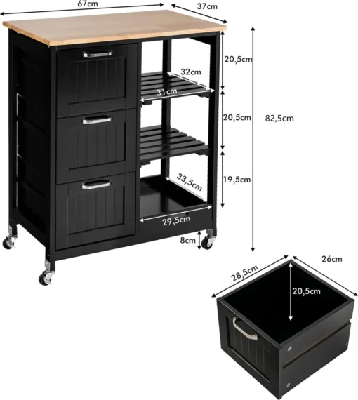 COSTWAY Küchenwagen Mit Tablett, Regalen Und 3 Großen Schubladen, Küchenschrank Rollbar, Kücheninsel Aus Kautschukholz, Servierwagen 67 X 37 X 82,5 Cm (Schwarz) – Bild 7