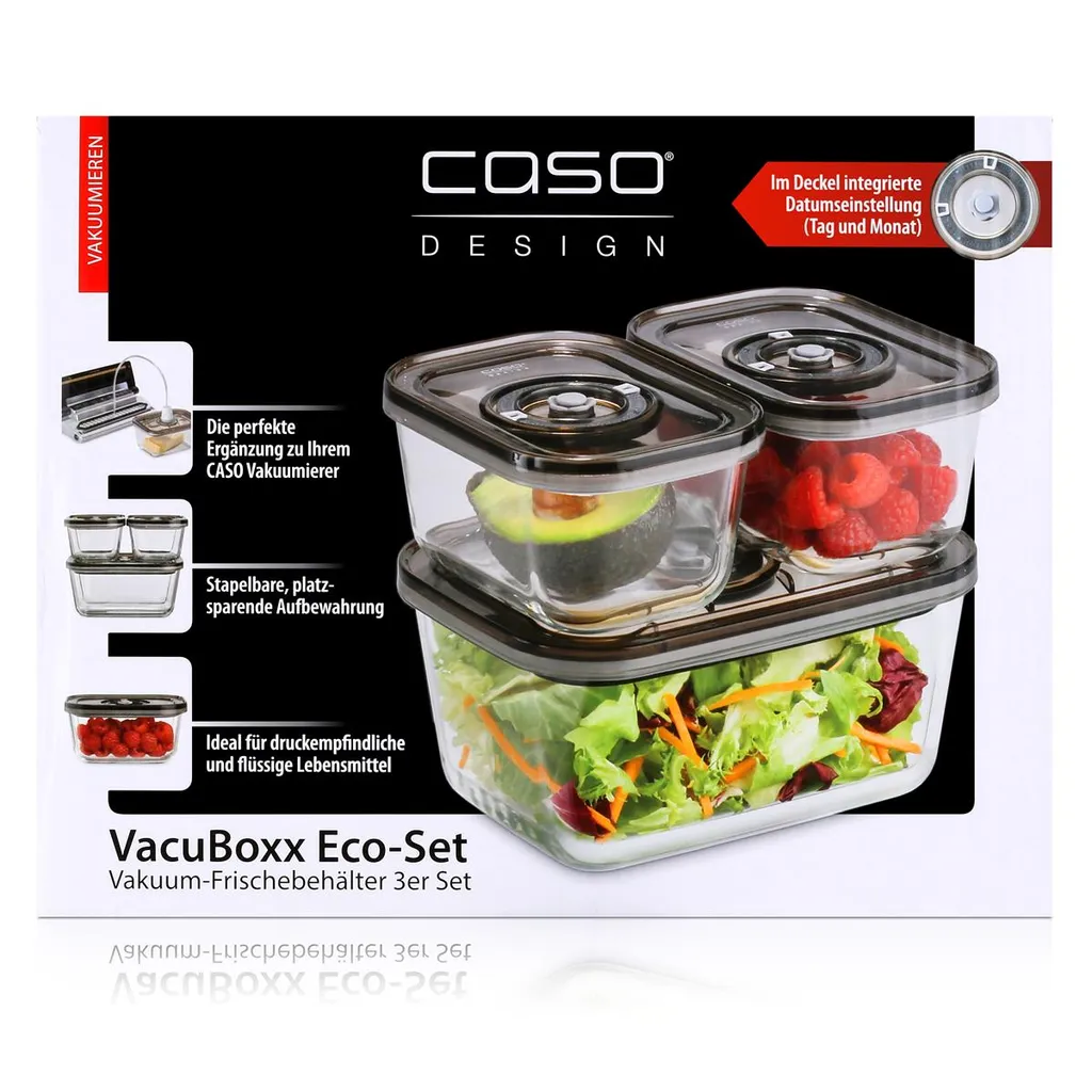 Caso Vakuum-Frischebehälter 3er Set - Für Platzsparende Aufbewahrung (1er Pack) 1 Caso Vakuum-Frischebehälter 3er Set - Für Platzsparende Aufbewahrung (1er Pack)