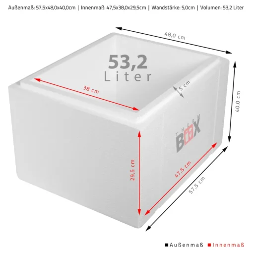 Styroporbox 53W | Wand: 5,0cm | Volumen: 53,2L | Innenmaß:47x38x29cm | Weiß Isolierbox Thermobox Kühlbox Warmhaltebox – Bild 3