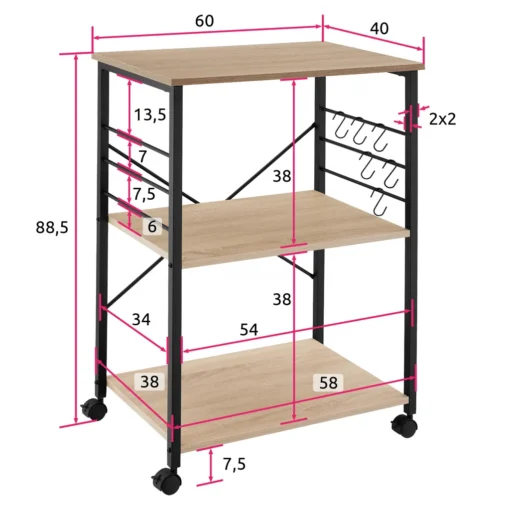 Tectake Servierwagen Rugby 65,5x45,5x88,5cm - Industrial Holz Hell, Eiche Sonoma – Bild 5
