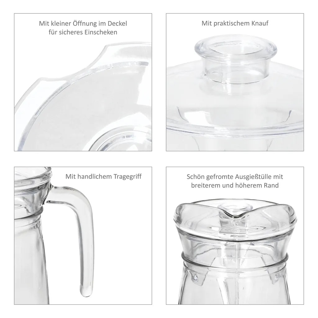 KARA Glas-Karaffe Mit Kunstoff-Deckel + Griff 1,2L Wasser-Krug Saftkanne Limo 5 KARA Glas-Karaffe Mit Kunstoff-Deckel + Griff 1,2L Wasser-Krug Saftkanne Limo – Bild 5