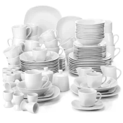 MALACASA, Serie Elisa, 100-teilig Tafelservice, Porzellan Kombiservice Mit Speiseteller, Suppenteller, Eierbecher, Kaffeetassen, Müslischalen, Dessertteller Für 12 Personen Grauweiß