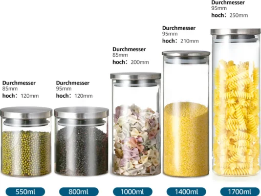 CMYBABEE Vorratsdose Glas 1400ML, Höhe 21 Cm, Vorratsglas Mit Deckel, Kaffeebohnen Behälter, Müslidose, Frischhaltedose Mit Große Einfüllöffnung (M, 1 Stück) – Bild 7