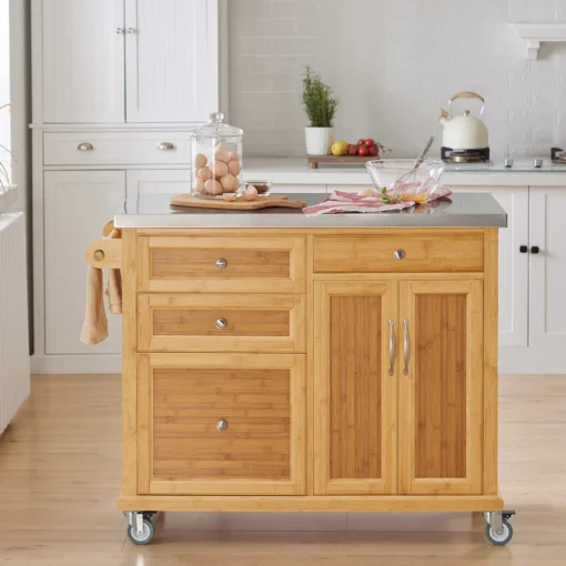 SoBuy FKW70-N Küchenwagen Servierwagen Kücheninsel Küchenschrank Aus Bambus Mit Edelstahlarbeitsplatte BHT Ca.: 115x92x46cm – Bild 2