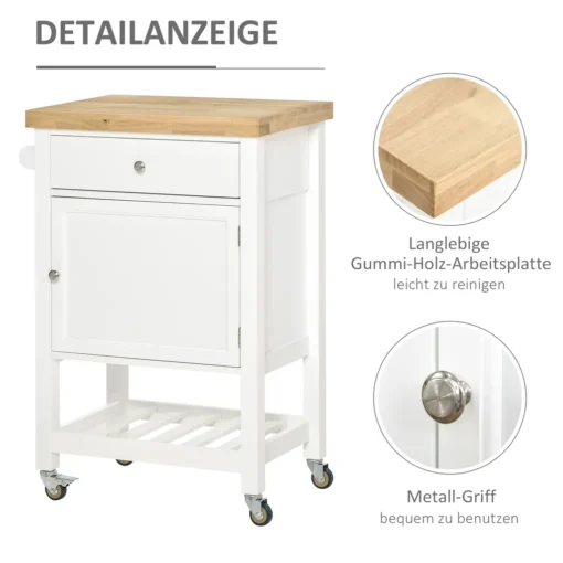 HOMCOM Küchenwagen Küchenrollwagen Servierwagen Mit Einer Schublade Geschlossenen Schrank Regalboden Und Handtuchhalter 4 Lenkrollen MDF Gummiholz Weiß+Eiche 63,5 X 40 X 90 Cm – Bild 6