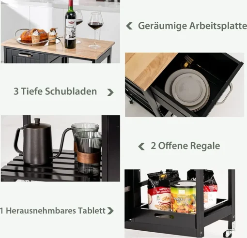 COSTWAY Küchenwagen Mit Tablett, Regalen Und 3 Großen Schubladen, Küchenschrank Rollbar, Kücheninsel Aus Kautschukholz, Servierwagen 67 X 37 X 82,5 Cm (Schwarz) – Bild 6