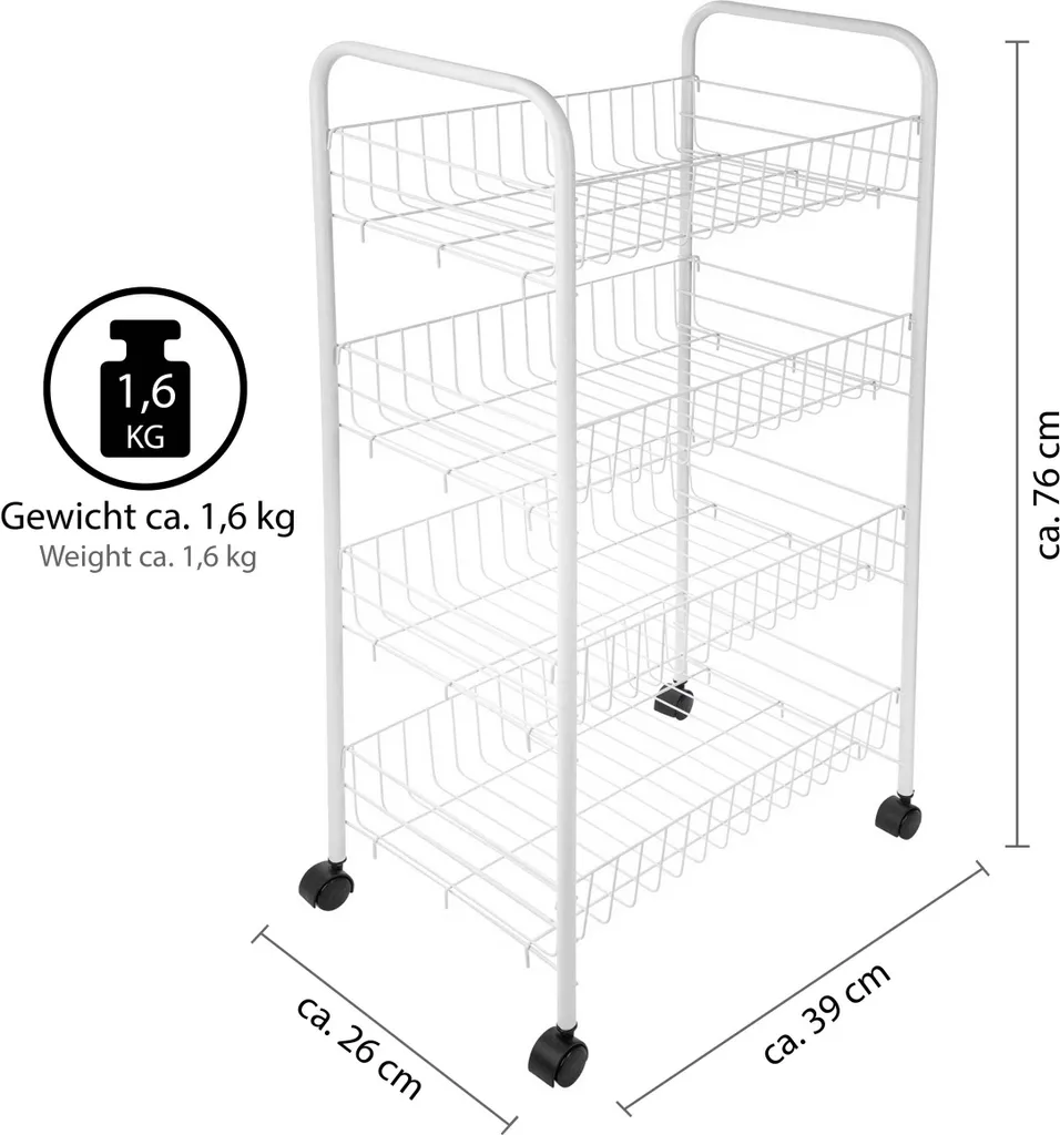 ONVAYA® Beistellwagen Susi Mit 4 Körben | Weiß | 39x26x76 Cm | Rollwagen | Küchenwagen | Wagen | Metall | Regal | Bad | Servierwagen | Haushaltswagen | Allzweckwagen | Küchentrolley 2 ONVAYA® Beistellwagen Susi Mit 4 Körben | Weiß | 39x26x76 Cm | Rollwagen | Küchenwagen | Wagen | Metall | Regal | Bad | Servierwagen | Haushaltswagen | Allzweckwagen | Küchentrolley – Bild 2