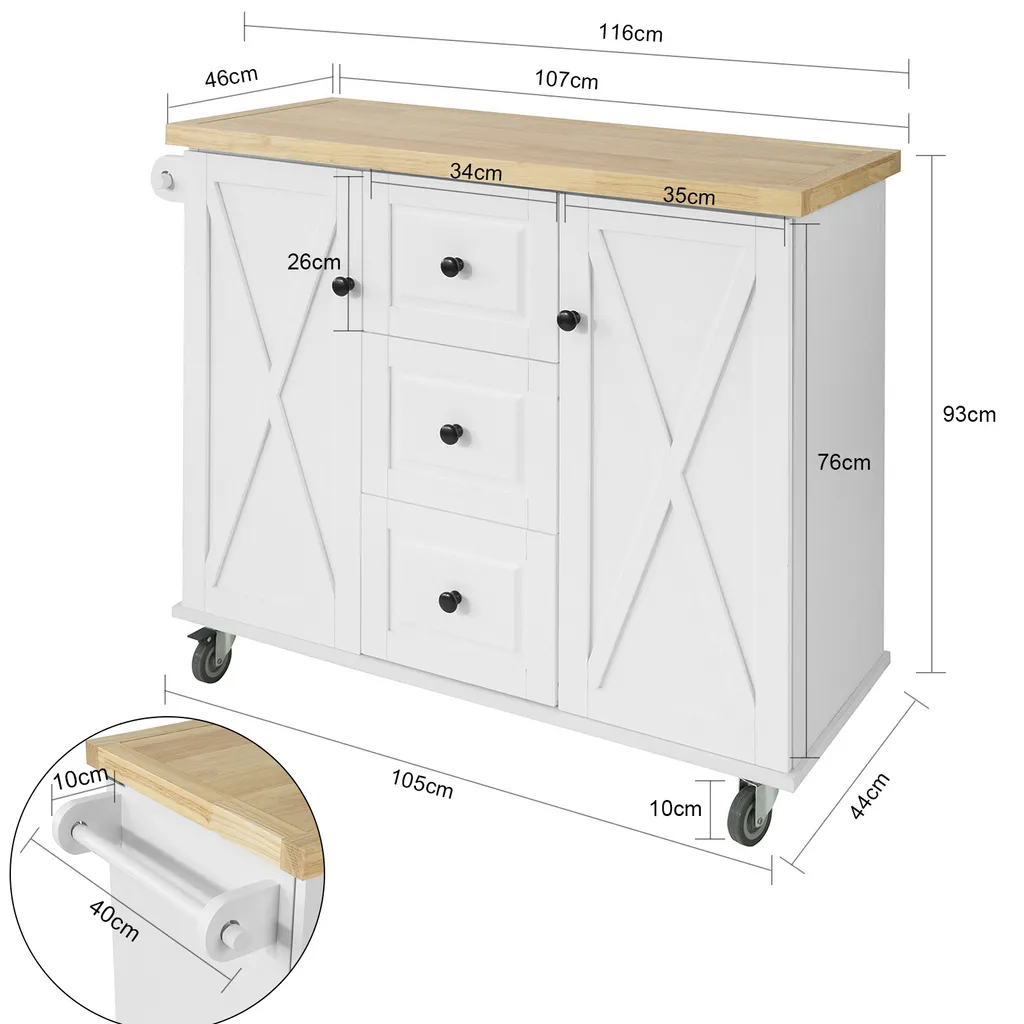 SoBuy FKW96-WN Kücheninsel Mit Arbeitsplatte Küchenwagen Mit 2 Türen Küchenschrank Mit 3 Schubladen Sideboard Weiß BHT Ca.: 116x93x46cm 5 SoBuy FKW96-WN Kücheninsel Mit Arbeitsplatte Küchenwagen Mit 2 Türen Küchenschrank Mit 3 Schubladen Sideboard Weiß BHT Ca.: 116x93x46cm – Bild 5