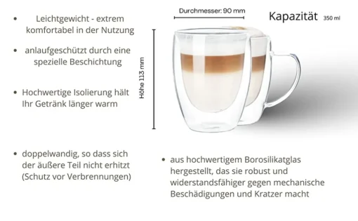 Wessper Doppelwandig Kaffeegläser Mit Henkel, 6 Stück X 350 Ml, Großes Hitzebeständiges Doppelwandglas, Thermogläser, Kaffeegläser Temperaturbeständig Mokkatassen, Teegläser, Latte Machiatto Gläser – Bild 6