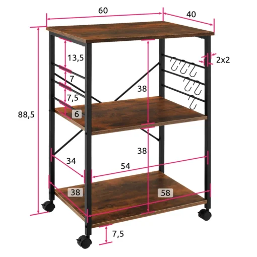Tectake Servierwagen Rugby 65,5x45,5x88,5cm - Industrial Dunkelbraun – Bild 5