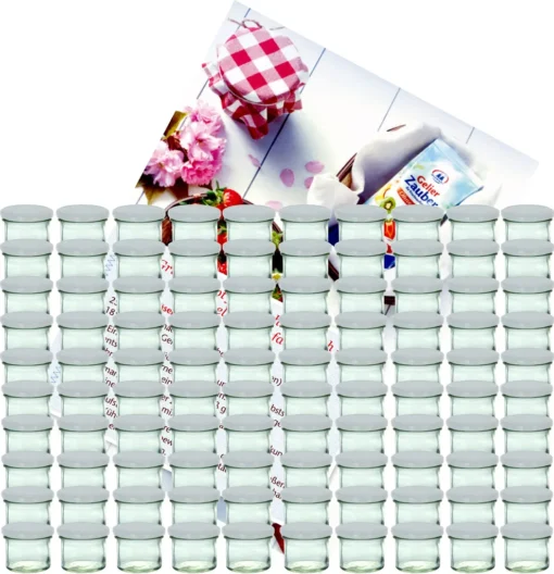 100er Set Sturzglas 125 Ml To 66 Weißer Deckel Incl. Diamant-Zucker Gelierzauber Rezeptheft