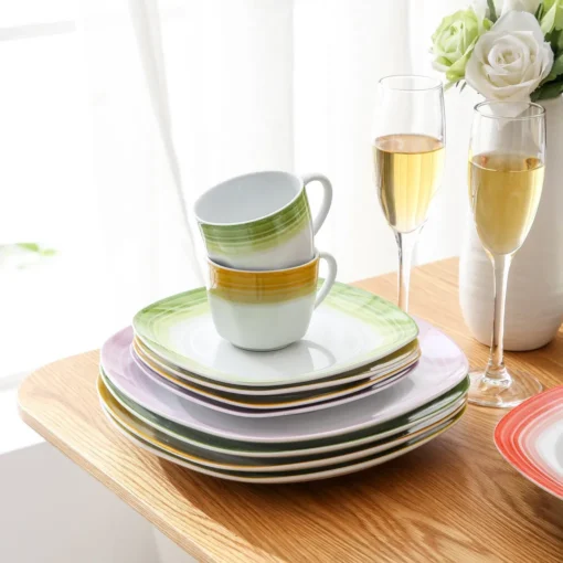 VEWEET Tafelservice 'SPARK' Aus Porzellan, 60-tlg Kombiservice, Kaffeetassen, Untertasse, Dessertteller, Speiseteller Und Suppenteller, Komplettservice Für 12 Personen – Bild 8