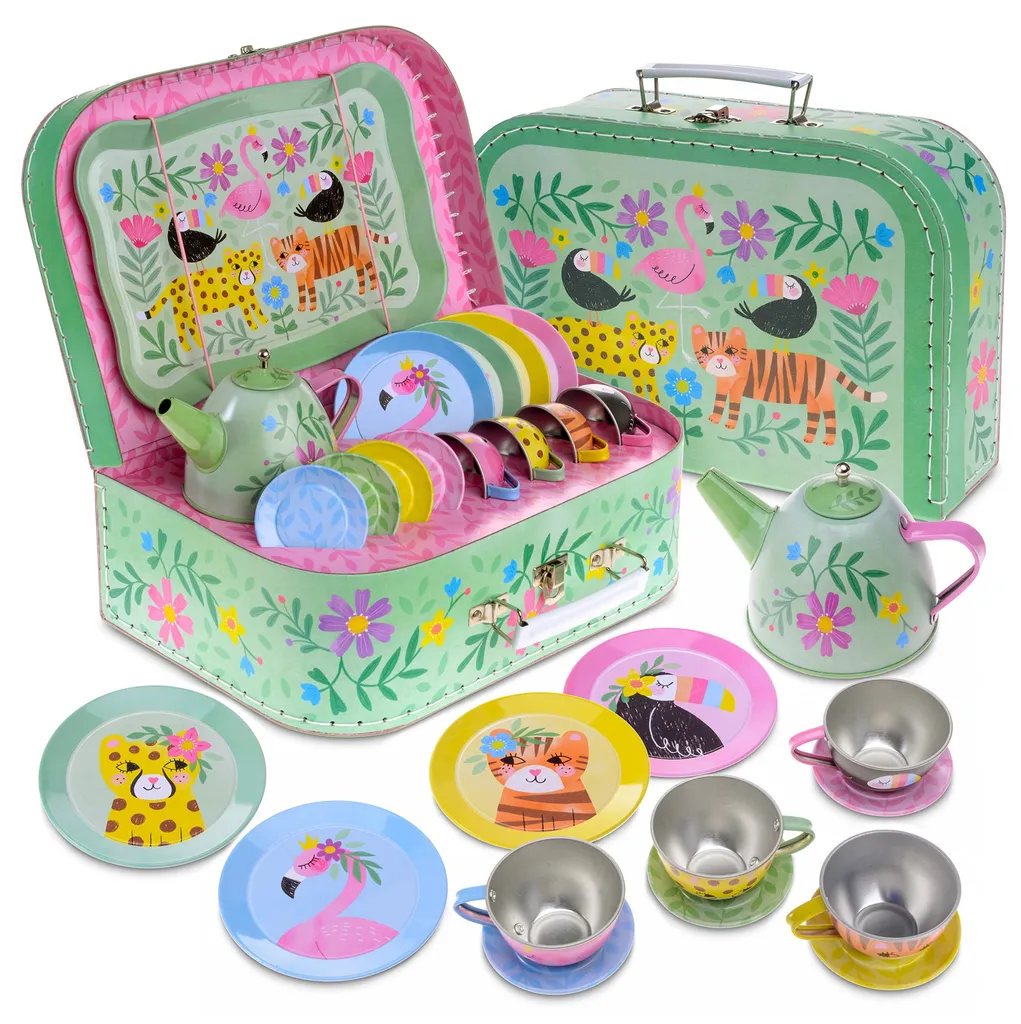 Kinderspiel Zinn Teeservice & Tragetasche, 15-teilig - Safari Design 1 Kinderspiel Zinn Teeservice & Tragetasche, 15-teilig - Safari Design