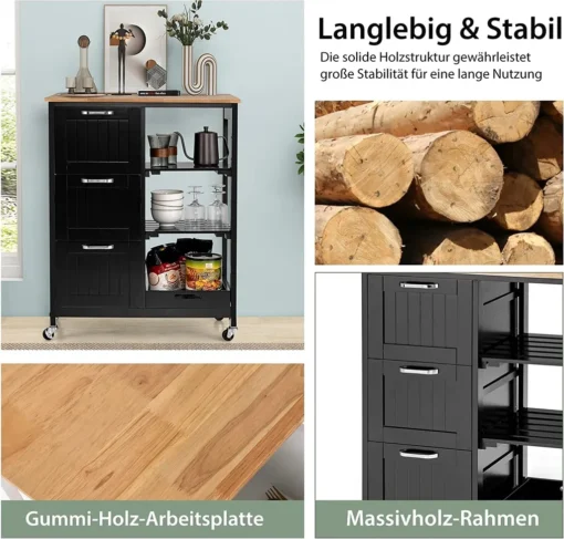 COSTWAY Küchenwagen Mit Tablett, Regalen Und 3 Großen Schubladen, Küchenschrank Rollbar, Kücheninsel Aus Kautschukholz, Servierwagen 67 X 37 X 82,5 Cm (Schwarz) – Bild 4