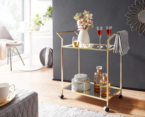 WOHNLING Design Servierwagen Gold 73x78x37 Cm Küchenwagen Glas / Metall | Mobiler Beistelltisch | Speisewagen Mit Glasplatte | Teewagen Mini Bar Auf 4 Rollen – Bild 2