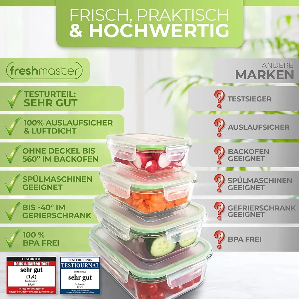 Fresh Master Frischhaltedosen Set 16-tlg. Borosililatglas, (2 X 370 Ml, 2 X 640 Ml, 2 X 1.050 Ml, 2 X 1.520 Ml Frischhaltedose Mit Deckel) 3 Fresh Master Frischhaltedosen Set 16-tlg. Borosililatglas, (2 X 370 Ml, 2 X 640 Ml, 2 X 1.050 Ml, 2 X 1.520 Ml Frischhaltedose Mit Deckel) – Bild 3