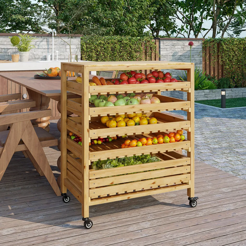 Outsunny Obsthalter Mit Rädern, Gemüseregal Mit 5 Regalen, Obstkorbständer, Aufbewahrungswagen, Für Gemüse, Obst, Bis 20 Kg Belastbar, Aus Tannenholz, Natur 2 Outsunny Obsthalter Mit Rädern, Gemüseregal Mit 5 Regalen, Obstkorbständer, Aufbewahrungswagen, Für Gemüse, Obst, Bis 20 Kg Belastbar, Aus Tannenholz, Natur – Bild 2
