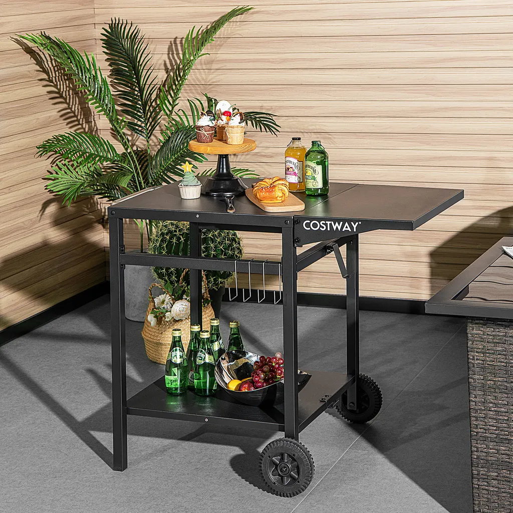 COSTWAY Grilltisch Mit Klappbarer Tischplatte, Beweglicher Campingtisch Mit 2 Ablagen & 4 Haken, Metall Grillwagen Für Außenbereich, Rollwagen Zum Grillen & Outdoorküche, Zubereitungswagen Schwarz 2 COSTWAY Grilltisch Mit Klappbarer Tischplatte, Beweglicher Campingtisch Mit 2 Ablagen & 4 Haken, Metall Grillwagen Für Außenbereich, Rollwagen Zum Grillen & Outdoorküche, Zubereitungswagen Schwarz – Bild 2