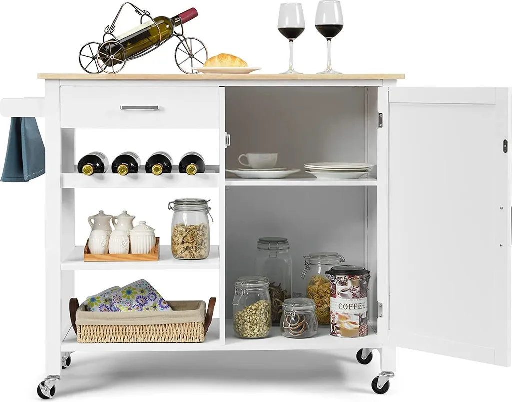 COSTWAY Küchenwagen Auf Rollen, Kücheninsel Mit Schublade, Weinregal, Offene Regale & Handtuchhalter, Platzsparender Servierwagen, Für Küche, Esszimmer, Bar, Weiß 1 COSTWAY Küchenwagen Auf Rollen, Kücheninsel Mit Schublade, Weinregal, Offene Regale & Handtuchhalter, Platzsparender Servierwagen, Für Küche, Esszimmer, Bar, Weiß