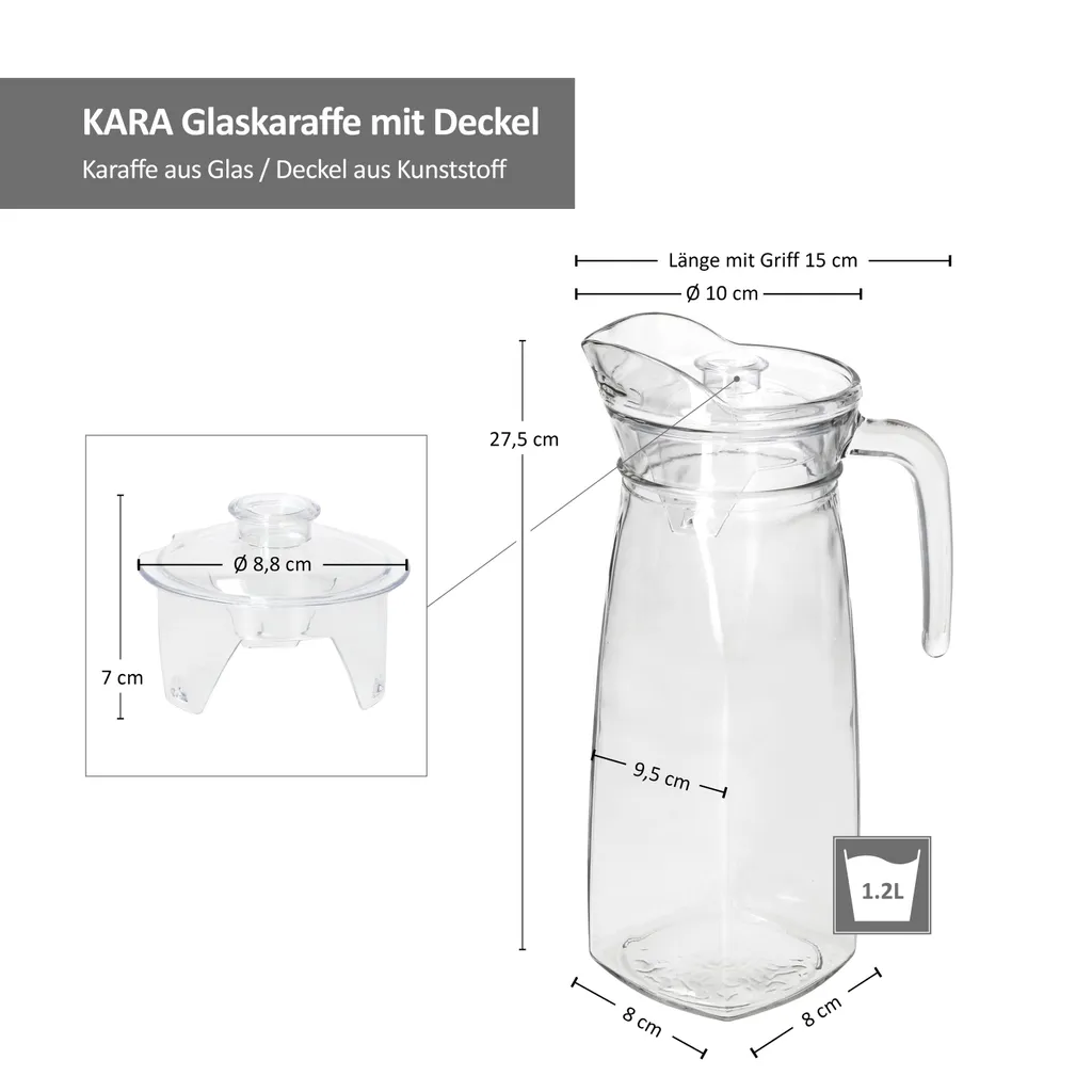 KARA Glas-Karaffe Mit Kunstoff-Deckel + Griff 1,2L Wasser-Krug Saftkanne Limo 6 KARA Glas-Karaffe Mit Kunstoff-Deckel + Griff 1,2L Wasser-Krug Saftkanne Limo – Bild 6