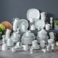 MALACASA, Serie Elisa, 100-teilig Tafelservice, Porzellan Kombiservice Mit Speiseteller, Suppenteller, Eierbecher, Kaffeetassen, Müslischalen, Dessertteller Für 12 Personen Grauweiß -Qualitätsladen Für Geschirr a507c88733e1199f1c93137e8fdff493