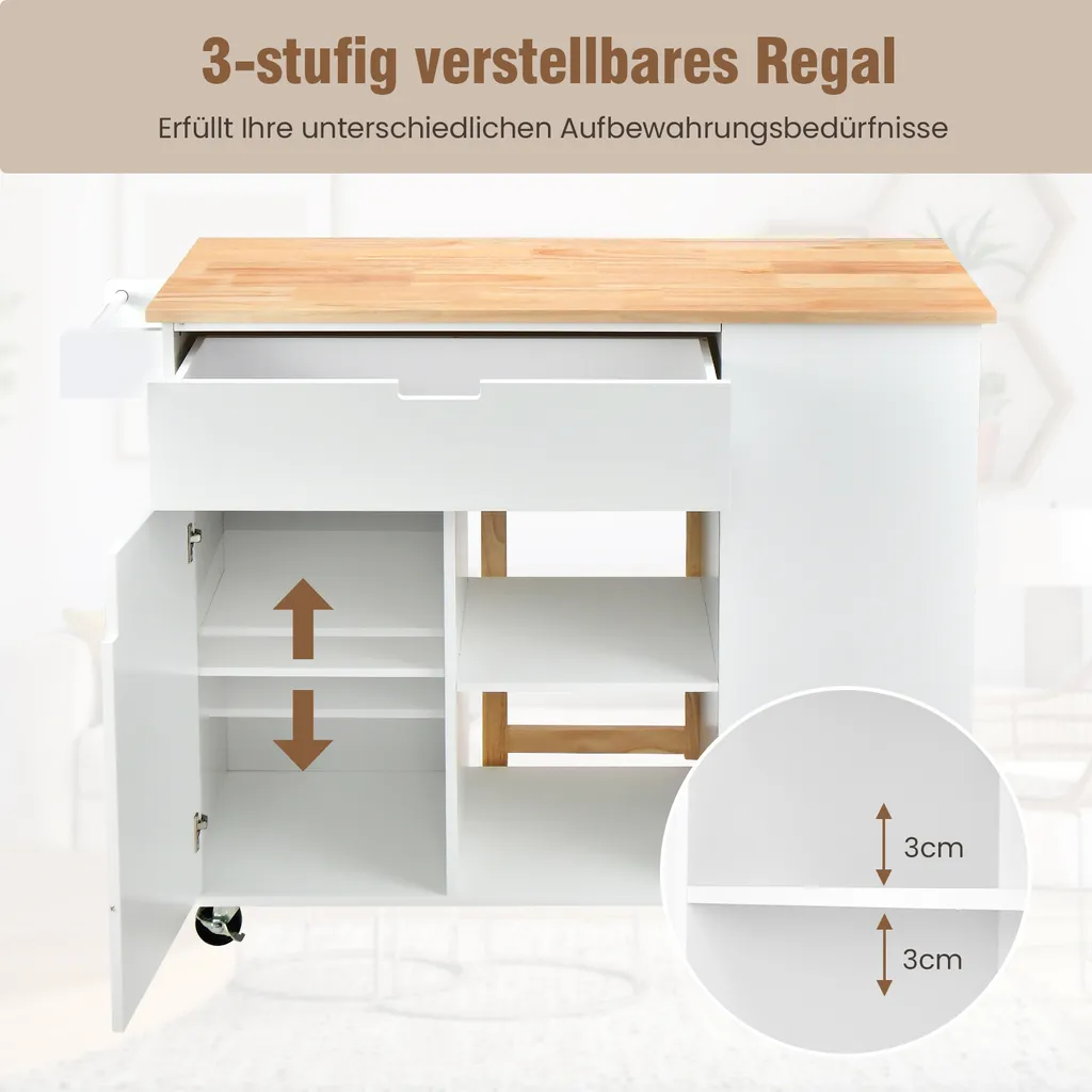 COSTWAY Küchenwagen Mit Ausziehbarer Arbeitsfläche, Servierwagen Auf Rollen, Kücheninselwagen Holz, Küchenschrank Mit Ablagen & Schublade & Gewürzregal, Küchentrolley Für Küche Esszimmer (Weiß) 4 COSTWAY Küchenwagen Mit Ausziehbarer Arbeitsfläche, Servierwagen Auf Rollen, Kücheninselwagen Holz, Küchenschrank Mit Ablagen & Schublade & Gewürzregal, Küchentrolley Für Küche Esszimmer (Weiß) – Bild 4