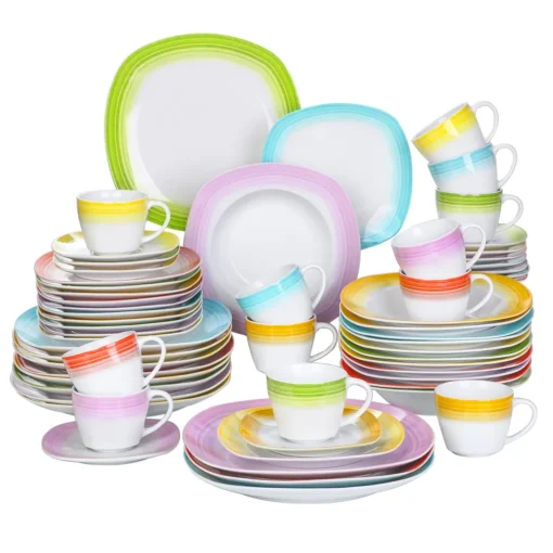 VEWEET Tafelservice 'SPARK' Aus Porzellan, 60-tlg Kombiservice, Kaffeetassen, Untertasse, Dessertteller, Speiseteller Und Suppenteller, Komplettservice Für 12 Personen