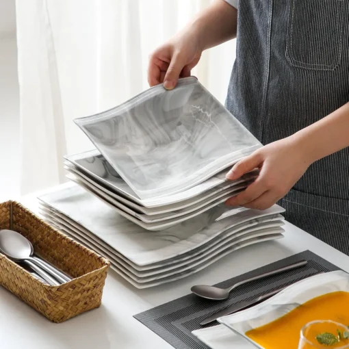 MALACASA, Serie Flora, Marmor Porzellan Tafelservice 12 Teiligen Set Kombiservice Geschirrset Mit Je 6 Speiseteller Und 6 Suppenteller Für 6 Personen – Bild 7