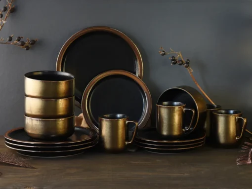 CreaTable 23592 Kombiservice Modern Industrial Für 4 Personen, Steinzeug, Schwarz/gold (1 Set, 16-teilig) – Bild 8