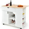 COSTWAY Küchenwagen Mit Ausziehbarer Arbeitsfläche, Servierwagen Auf Rollen, Kücheninselwagen Holz, Küchenschrank Mit Ablagen & Schublade & Gewürzregal, Küchentrolley Für Küche Esszimmer (Weiß)