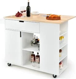 COSTWAY Küchenwagen Mit Ausziehbarer Arbeitsfläche, Servierwagen Auf Rollen, Kücheninselwagen Holz, Küchenschrank Mit Ablagen & Schublade & Gewürzregal, Küchentrolley Für Küche Esszimmer (Weiß)