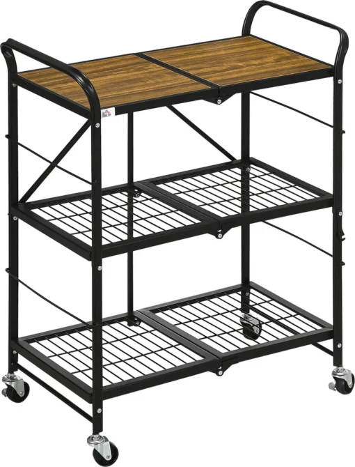 HOMCOM Rollwagen, Klappbarer Küchenwagen, Servierwagen Mit 3 Ebenen, Griff, Küchenregal Auf 4 Rollen Für Esszimmer, Wohnzimmer, Stahl, Braun+Schwarz, 68 X 35 X 85 Cm