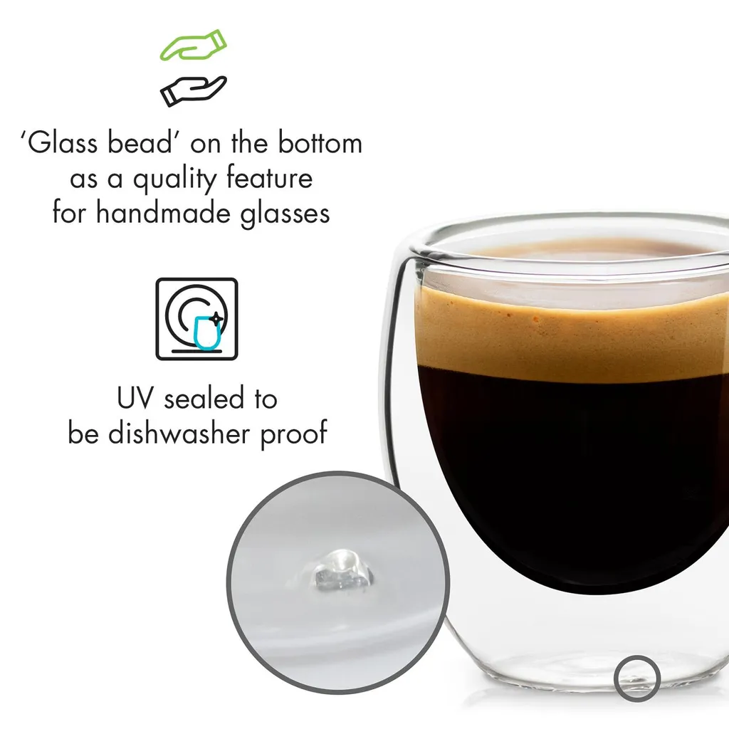 Klarstein Glaswerk Vienna Doppelwandige Gläser , Thermoglas , Trinkglas , Espresso-, Kaffee- Und Shotglas , 4 Stück , Für Heiße Und Kalte Getränke , 80 Ml , Borosilikatglas , Hitze- Und Kältebeständig , Handgemacht , Spülmaschinenfest , Thermoeffekt 5 Klarstein Glaswerk Vienna Doppelwandige Gläser , Thermoglas , Trinkglas , Espresso-, Kaffee- Und Shotglas , 4 Stück , Für Heiße Und Kalte Getränke , 80 Ml , Borosilikatglas , Hitze- Und Kältebeständig , Handgemacht , Spülmaschinenfest , Thermoeffekt – Bild 5