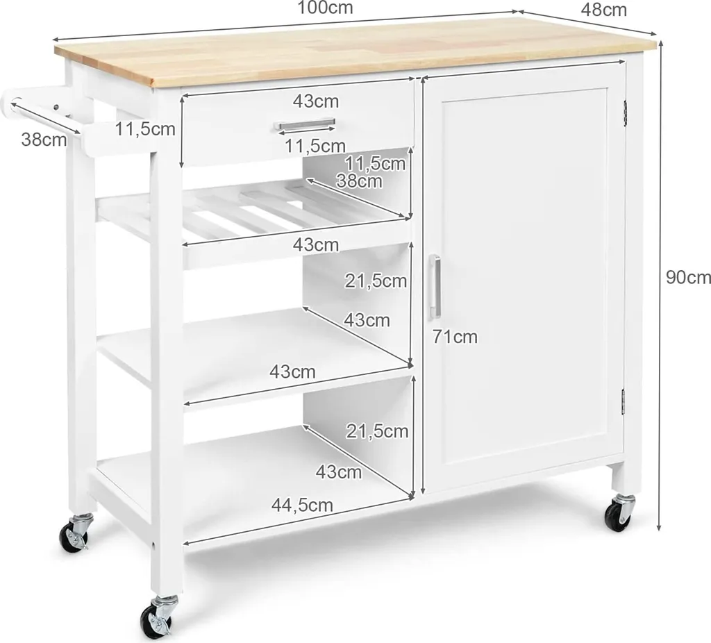 COSTWAY Küchenwagen Auf Rollen, Kücheninsel Mit Schublade, Weinregal, Offene Regale & Handtuchhalter, Platzsparender Servierwagen, Für Küche, Esszimmer, Bar, Weiß 7 COSTWAY Küchenwagen Auf Rollen, Kücheninsel Mit Schublade, Weinregal, Offene Regale & Handtuchhalter, Platzsparender Servierwagen, Für Küche, Esszimmer, Bar, Weiß – Bild 7