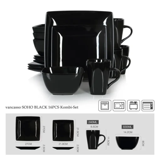 Vancasso Tafelservice »SOHO« 16-tlg. Porzellan Teller Set, Kombiservice Tafelset Mit Kaffeetassen, Müslischalen, Schwarz – Bild 2