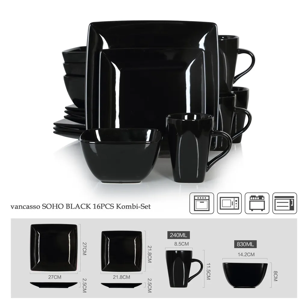 Vancasso Tafelservice »SOHO« 16-tlg. Porzellan Teller Set, Kombiservice Tafelset Mit Kaffeetassen, Müslischalen, Schwarz 2 Vancasso Tafelservice »SOHO« 16-tlg. Porzellan Teller Set, Kombiservice Tafelset Mit Kaffeetassen, Müslischalen, Schwarz – Bild 2