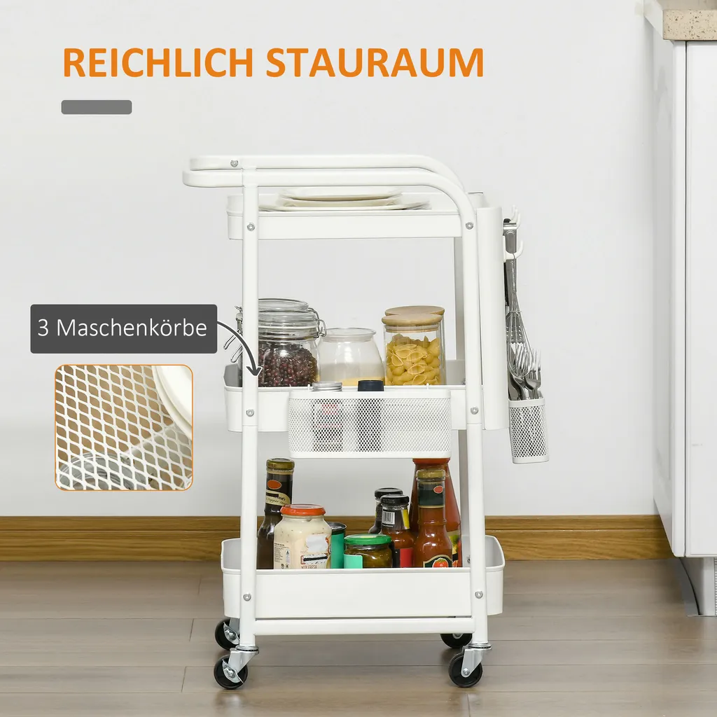 HOMCOM Rollwagen3-Etagen Küchenwagen Mit Schubladen Und Korb Für Küche Büro Schlafzimmer Wohnzimmer Stahl Weiß 51,5 X 32 X 75,6 Cm 4 HOMCOM Rollwagen3-Etagen Küchenwagen Mit Schubladen Und Korb Für Küche Büro Schlafzimmer Wohnzimmer Stahl Weiß 51,5 X 32 X 75,6 Cm – Bild 4