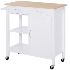 HOMCOM Servierwagen Küchenwagen Rollwagen Küchentrolley Mit Schrank Schublade Holz Weiß 88,5 X 40 X 86 Cm