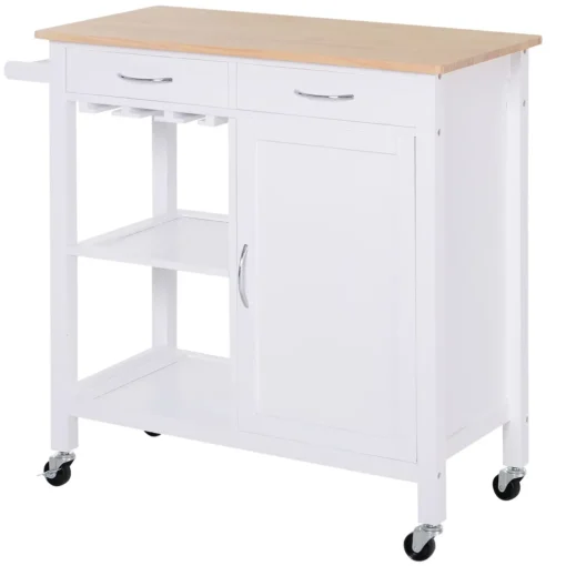 HOMCOM Servierwagen Küchenwagen Rollwagen Küchentrolley Mit Schrank Schublade Holz Weiß 88,5 X 40 X 86 Cm