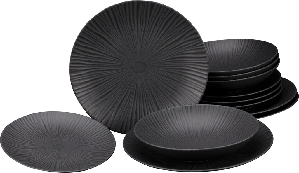 CreaTable 23211 Tafelservice Elements Collection Vesuvio Black Für 4 Personen, Steinzeug, Schwarz/grau (1 Set, 12-teilig) 2 CreaTable 23211 Tafelservice Elements Collection Vesuvio Black Für 4 Personen, Steinzeug, Schwarz/grau (1 Set, 12-teilig) – Bild 2