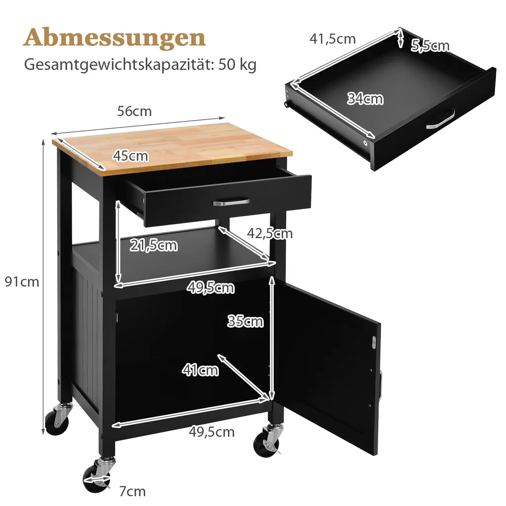 COSTWAY Kleiner Küchenwagen Auf Rollen, Servierwagen Mit Schrank & Schublade Und 3 Haken, Arbeitsplatte Aus Holz, Rollwagen Kücheninsel, Küchentrolley Im Landhausstil (Schwarz) 7 COSTWAY Kleiner Küchenwagen Auf Rollen, Servierwagen Mit Schrank & Schublade Und 3 Haken, Arbeitsplatte Aus Holz, Rollwagen Kücheninsel, Küchentrolley Im Landhausstil (Schwarz) – Bild 7