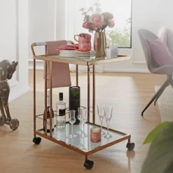 WOHNLING Design Servierwagen Gold 67x80x45 Cm | Mobiler Beistelltisch | Speisewagen Mit Glasplatte | Küchenwagen Milchglas | Teewagen | Mini Bar Auf Rollen