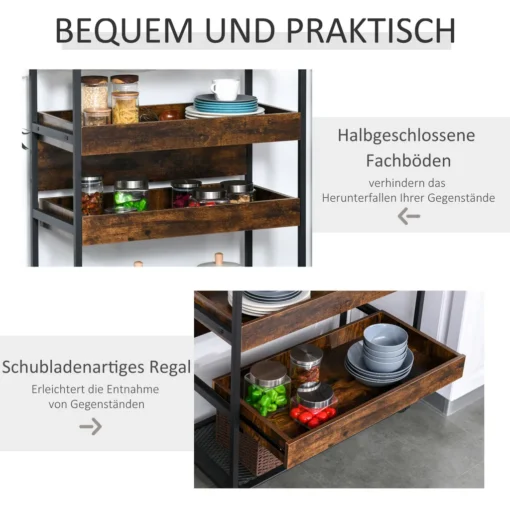 HOMCOM Küchenwagen Küchenrollwagen Servierwagen 3-stöckige Küchenregal Industrie-Design Mit Verstellbaren Füßen Rustikales Braun 80 X 40 X 90 Cm – Bild 4