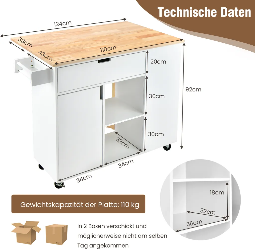 COSTWAY Küchenwagen Mit Ausziehbarer Arbeitsfläche, Servierwagen Auf Rollen, Kücheninselwagen Holz, Küchenschrank Mit Ablagen & Schublade & Gewürzregal, Küchentrolley Für Küche Esszimmer (Weiß) 7 COSTWAY Küchenwagen Mit Ausziehbarer Arbeitsfläche, Servierwagen Auf Rollen, Kücheninselwagen Holz, Küchenschrank Mit Ablagen & Schublade & Gewürzregal, Küchentrolley Für Küche Esszimmer (Weiß) – Bild 7