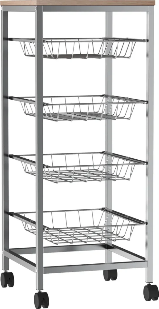 HOMCOM Servierwagen, Küchenwagen Mit Metallkörben, Küchentrolley, Beistellwagen, Silber, 36,5 X 36,5 X 89 Cm