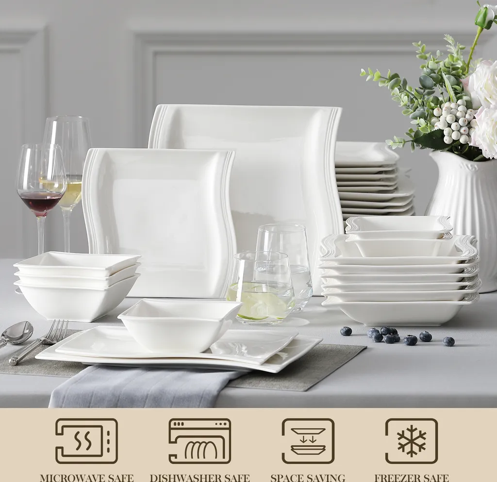 MALACASA, Serie Flora, 26 Tlg. Cremeweiß Porzellan Geschirrset Kombiservice Tafelservice Mit 6 Schalen, 6 Dessertteller, 6 Suppenteller, 6 Speiseteller Und 2 Rechteckigen Platten 3 MALACASA, Serie Flora, 26 Tlg. Cremeweiß Porzellan Geschirrset Kombiservice Tafelservice Mit 6 Schalen, 6 Dessertteller, 6 Suppenteller, 6 Speiseteller Und 2 Rechteckigen Platten – Bild 3