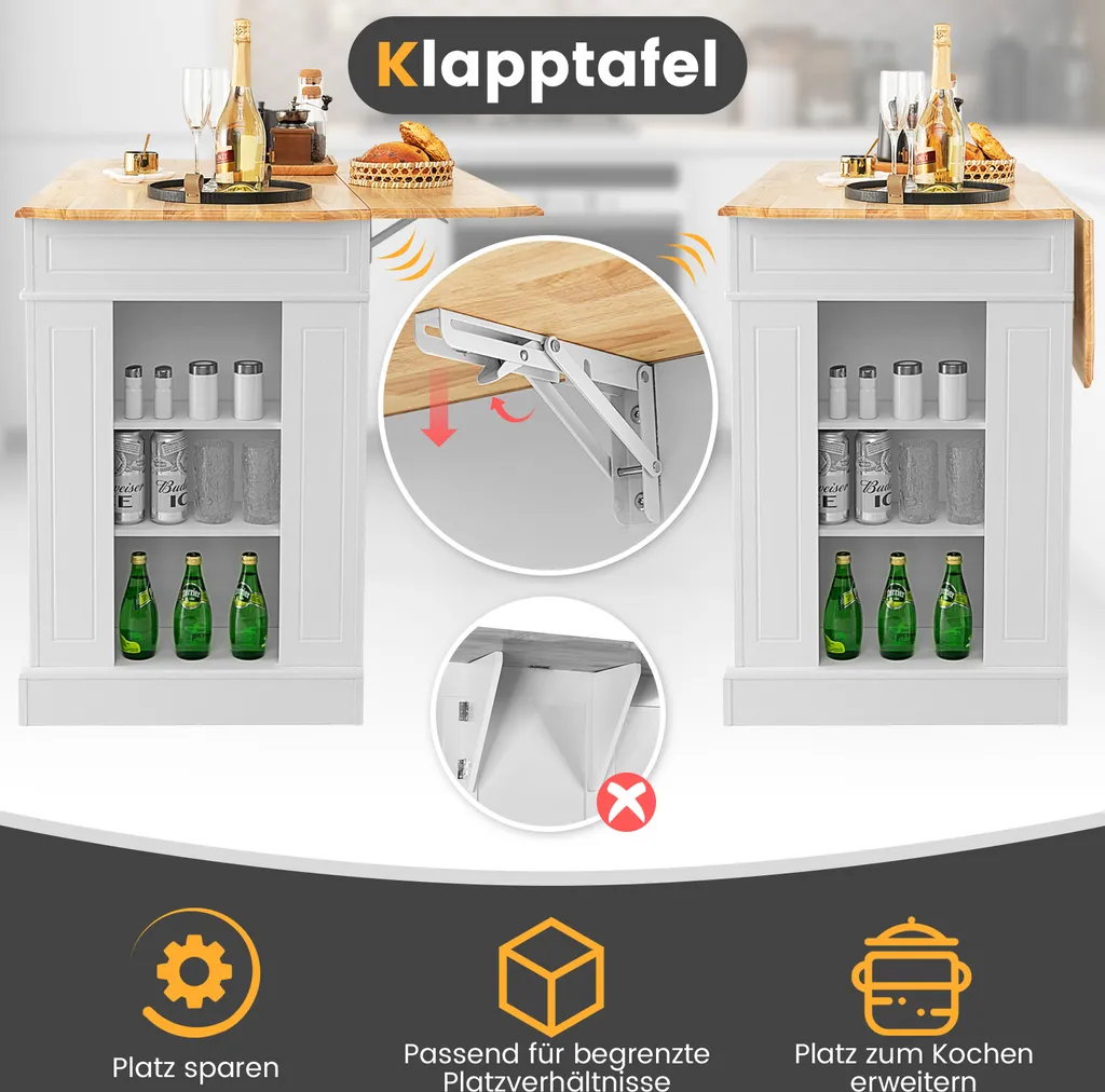 COSTWAY Kücheninsel Aus Gummiholz, Küchenschrank Klappbar Mit Ausziehbarer Arbeitsplatte, Küchenschrank Mit Schubladen, Seitenregalen, 2-türigem Schrank, 3-stufig Verstellbaren Böden 3 COSTWAY Kücheninsel Aus Gummiholz, Küchenschrank Klappbar Mit Ausziehbarer Arbeitsplatte, Küchenschrank Mit Schubladen, Seitenregalen, 2-türigem Schrank, 3-stufig Verstellbaren Böden – Bild 3