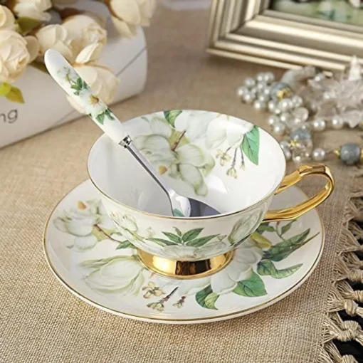 Panbado Floral Kaffeetassen Aus Premium Bone China Porzellan, Beinhaltet 1 Tassen 200 Ml, 1 Untertassen, Und 1 Löffel – Bild 5
