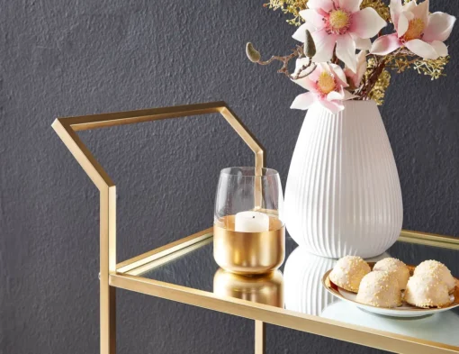 WOHNLING Design Servierwagen Gold 73x78x37 Cm Küchenwagen Glas / Metall | Mobiler Beistelltisch | Speisewagen Mit Glasplatte | Teewagen Mini Bar Auf 4 Rollen – Bild 5