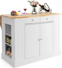 COSTWAY Kücheninsel Aus Gummiholz, Küchenschrank Klappbar Mit Ausziehbarer Arbeitsplatte, Küchenschrank Mit Schubladen, Seitenregalen, 2-türigem Schrank, 3-stufig Verstellbaren Böden